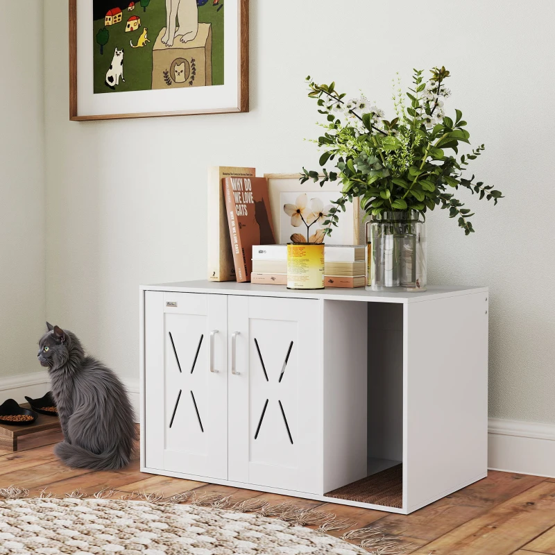 PawHut Cat Litter Box Enclosure, Hidden Cat Litter Box Furniture with Scratching Board, 31.5" x 19" x 20", White