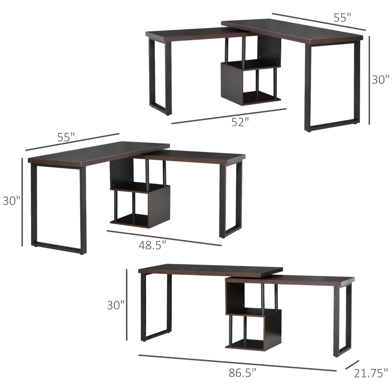 HOMCOM 55" 360 Degree Rotating Corner L-Shaped Computer Desk with Storage Shelves, Home Office Study Writing Workstation Modern Space-Saving Design, Coffee