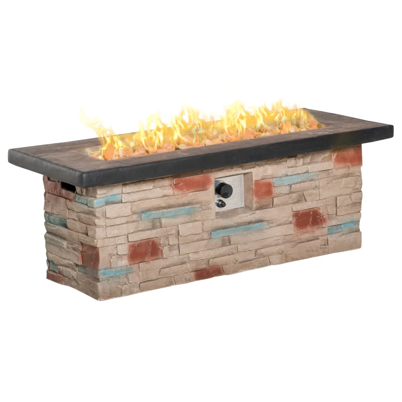 Outsunny 48 Inch Outdoor Propane Gas Fire Pit Table, 50,000 BTU Auto-Ignition Rectangular Faux Ledge Stone Gas Firepit with Lava Rocks and Rain Cover, CSA Certification, Brown