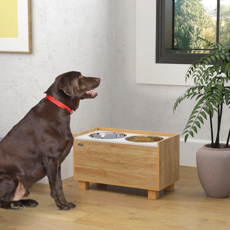 PawHut Elevated Dog Bowls with Slow Feeder Dog Bowl, Stainless Steel Food Water Bowl, Storage for Large Sized Dog, Oak