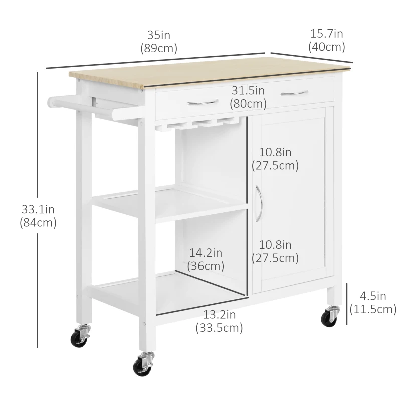 HOMCOM Kitchen Storage Trolley Cart Serving Cart 2 Drawers Wine Glass Rack Towel Rail