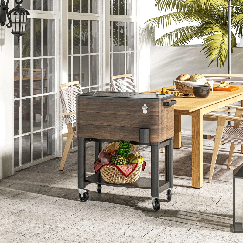 Outsunny 60 Quart Outdoor Cooler Cart, Rolling Ice Chest with Bottom Shelf and Bottle Opener for Backyard, Deck, Poolside Party
