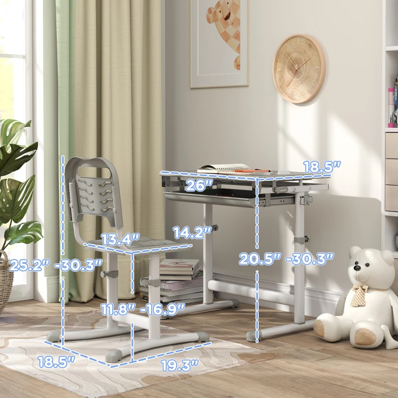 Qaba Height Adjustable Kids Desk and Chairs Set with Tilt Desktop, Storage Drawer, Pen Slot, Hook, Gray