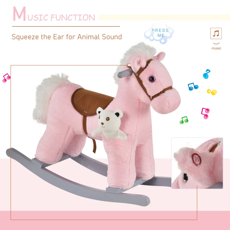 Qaba Kids Rocking Horse Plush Animal on Wooden Rockers with Sounds, Wooden Base and Bear Toy, Baby Rocking Chair, Pink