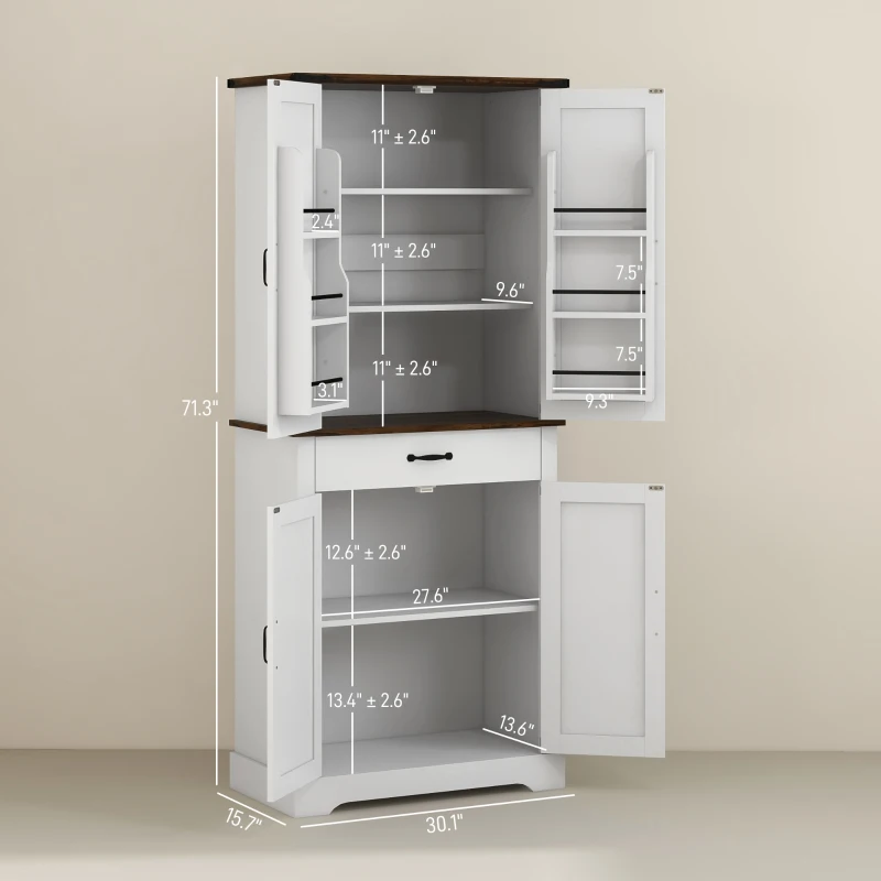 HOMCOM 71" Tall Kitchen Cabinet, Farmhouse Pantry Cabinet w/ Barn Doors, 6 Shelves w/ 2 Doors, Drawer and Adjustable Shelves, White