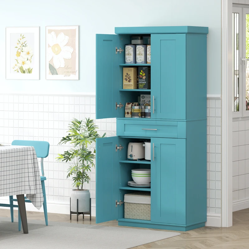 HOMCOM Modern Kitchen Pantry Freestanding Cabinet Cupboard with Doors and Drawer, Adjustable Shelving, Turquoise