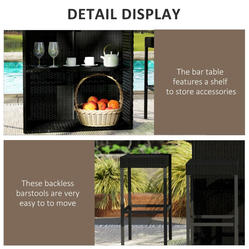 Outsunny 5 Pieces Patio Bar Set, Outdoor PE Rattan Wicker High Top Outdoor Table and Chairs Outdoor Bar Set with Tempered Glass Top Bar Table and Shelves, 4 Bar Chairs, Black