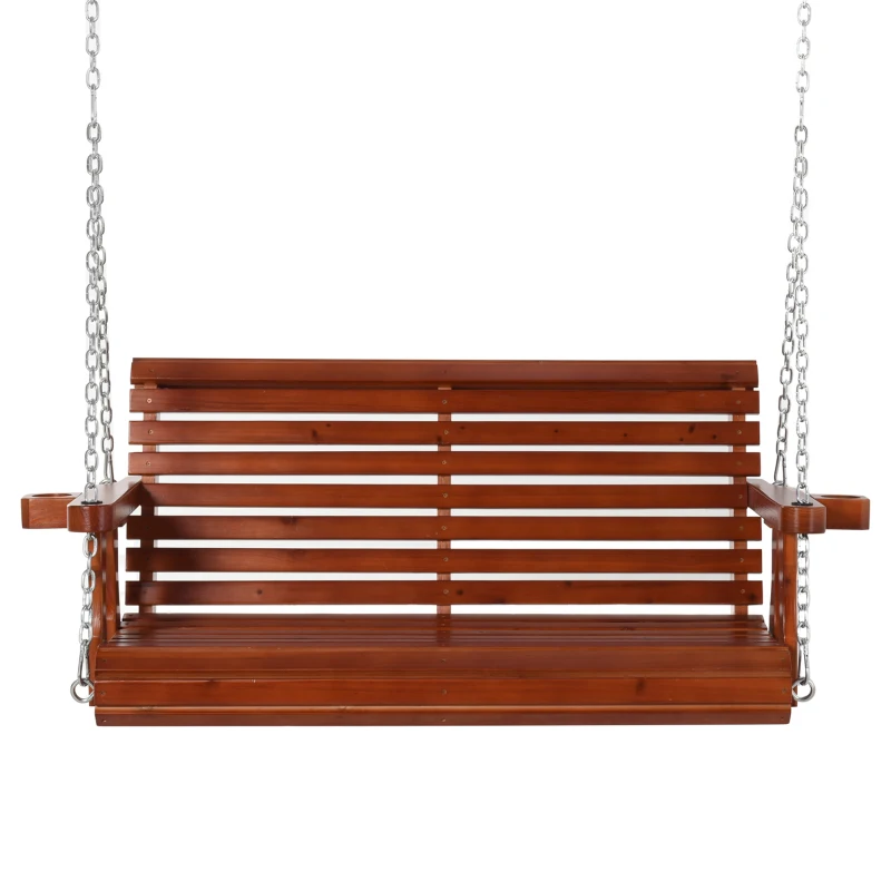 Outsunny Porch Swing with Chains and Cupholders, 2 Person Wooden Patio Swing Chair, 440 lbs. Weight Capacity, for Garden, Poolside, Backyard, Brown