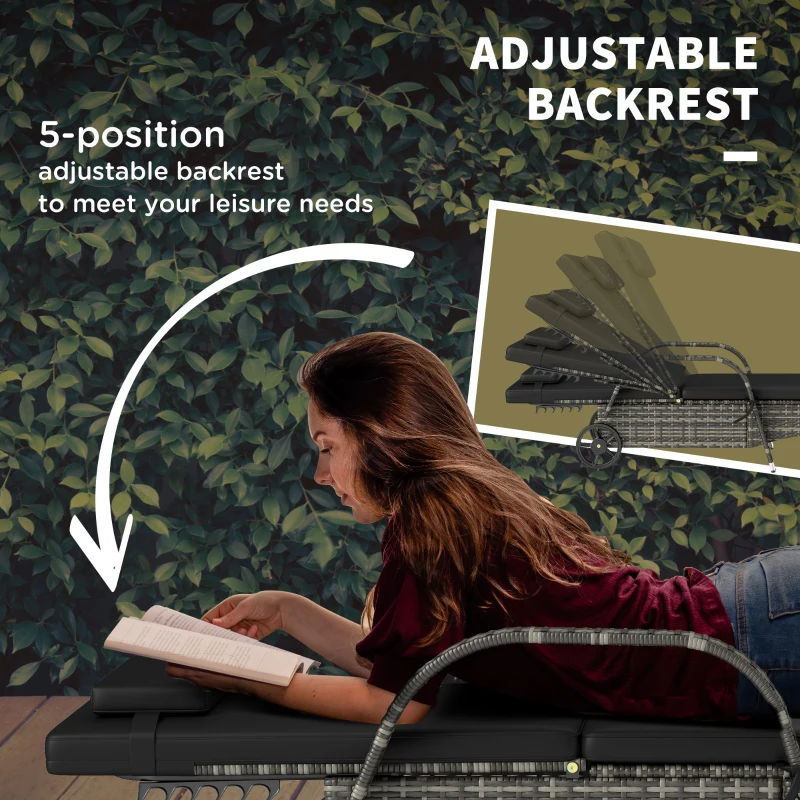 Outsunny 2 Reclining Chaise Lounge Chairs, Rolling Outdoor Chairs with Cushion, Pillow, Headrest, Armrests, and Wheels, Black