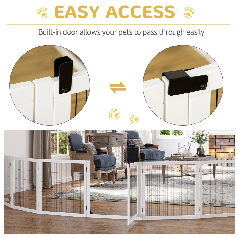 PawHut Wooden Pet Gate, 6-Panel Folding Dog Safety Barrier with Support Feet for Small & Medium Dogs, White