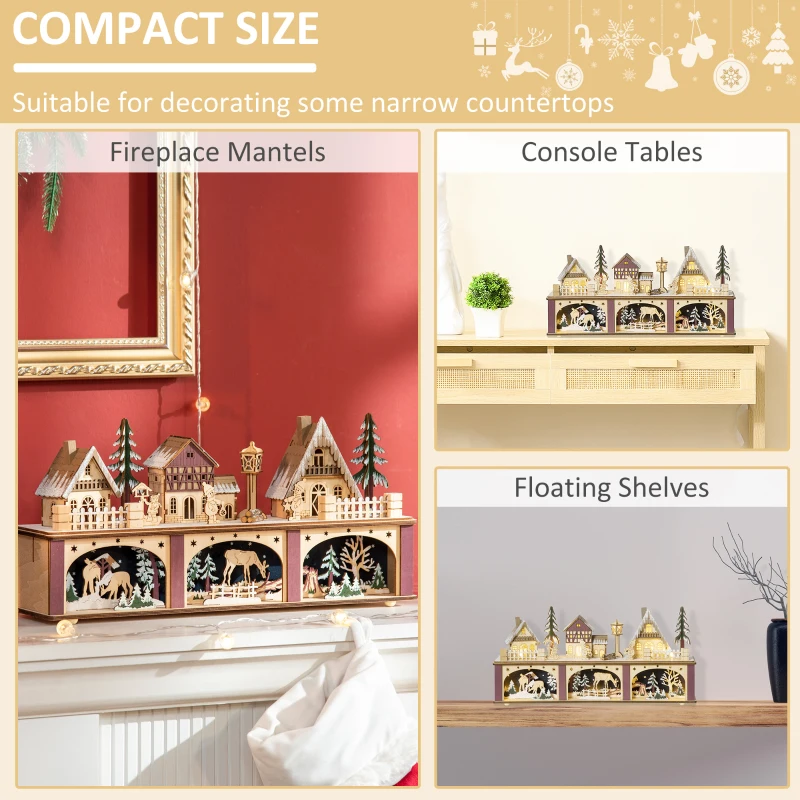 HOMCOM Christmas Village House Decoration, Pre-lit Winter Wonderland with 15 Battery Operated LED Lights, Indoor Room Decor Collection