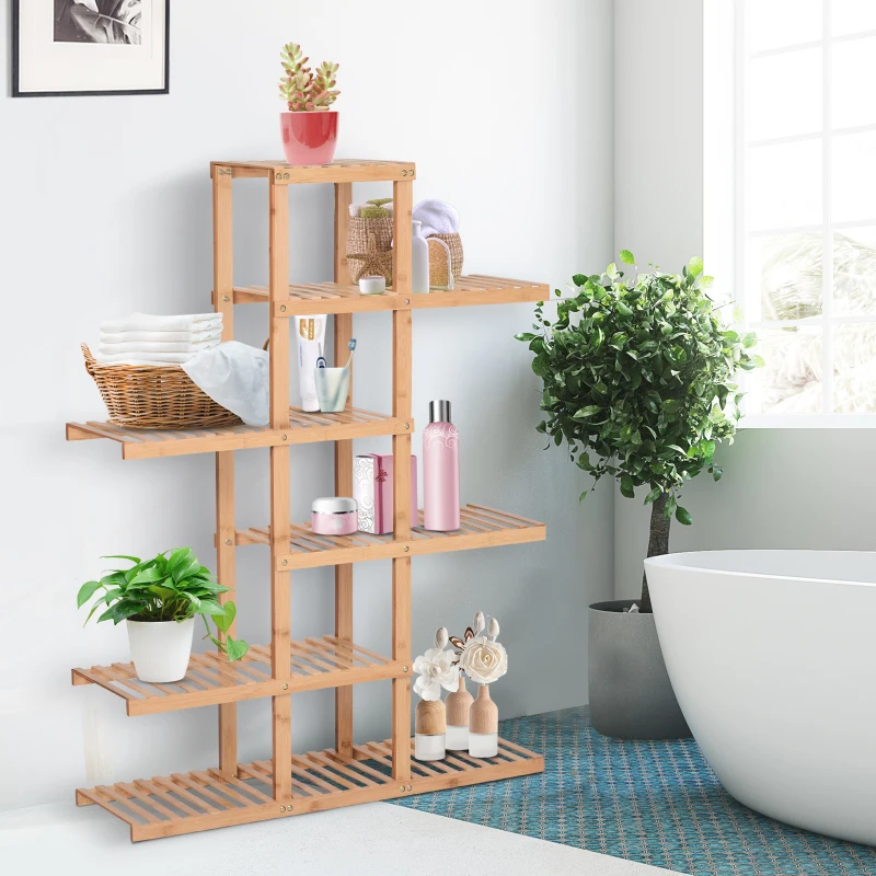 HOMCOM Bamboo Plant Stand, Flower Shelf, Utility Shelving Standing Unit, 6 Tier Display Rack Storage Organizer for Living Room Balcony Hallway Bathroom, Natural
