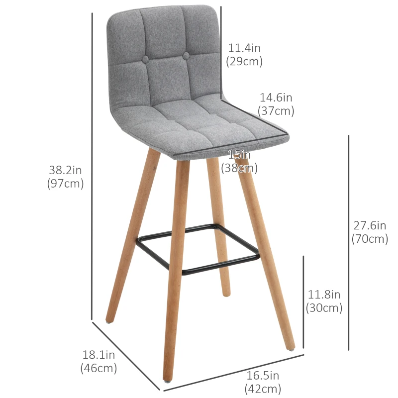 HOMCOM Modern Bar Stools Set of 2, 38" Upholstered Kitchen Island Stool with Solid Wood Legs, Grey