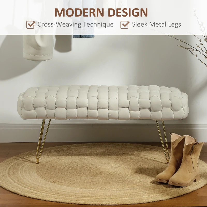 HOMCOM Upholstered Velvet End of Bed Bench 39" Woven End of Bed Bench with Gold Metal Legs for Entryway, Cream White