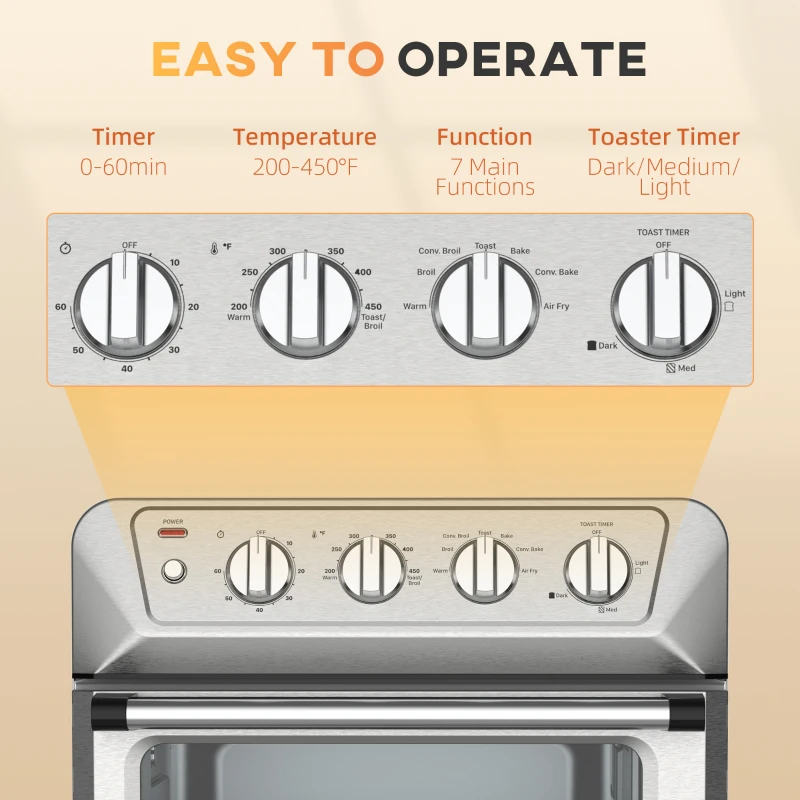 HOMCOM Air Fryer Toaster Oven, 21QT 7-In-1 Convection Oven Countertop, Warm, Broil, Toast, Bake and Air Fry, Accessories Included, 1800W, Stainless Steel Finish