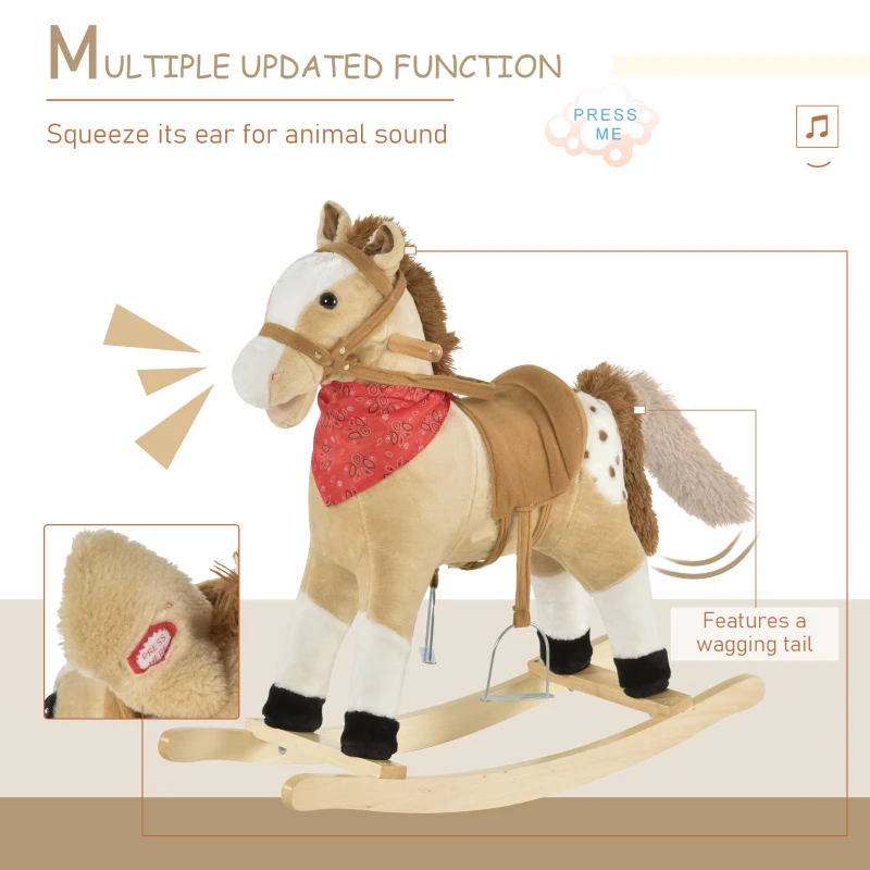 Qaba Kids Plush Ride-On Rocking Horse Toy Cowboy Rocker with Fun Realistic Sounds for Child 3-6 Years Old, Beige