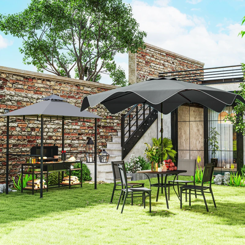 Outsunny 5 Pieces Outdoor Dining Set with Umbrella Hole, Patio Table and Chairs with Steel Top, Breathable Mesh Seat Back
