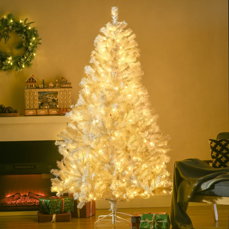 HOMCOM 6' Prelit Artificial White Christmas Trees Home Decor, with Warm White LED Lights, Auto Open, Steel Base