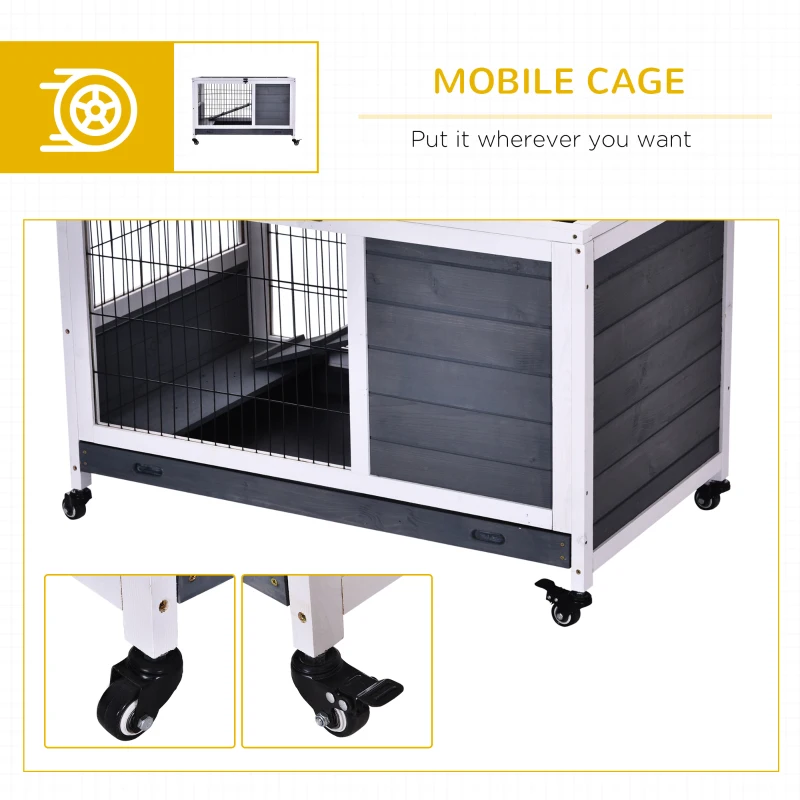 PawHut Wooden Indoor Rabbit Hutch Elevated Cage Habitat with Enclosed Run with Wheels, Ideal for Rabbits and Guinea Pigs, White