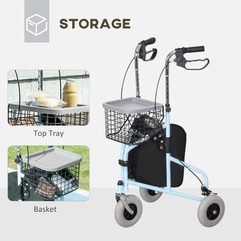 HOMCOM Upright Walker Up Rollator, Rolling Walker with Wheels, Storage Bag, Tray, Adjustable Handle Height, Blue