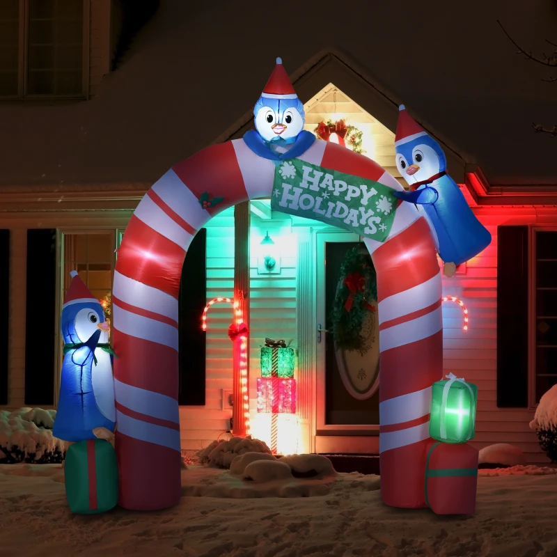 Outsunny 8ft Christmas Inflatables Outdoor Decorations Candy Cane Archway with Three Penguins and Gift Boxes, Blow-Up LED Yard Christmas Decor for Lawn Garden