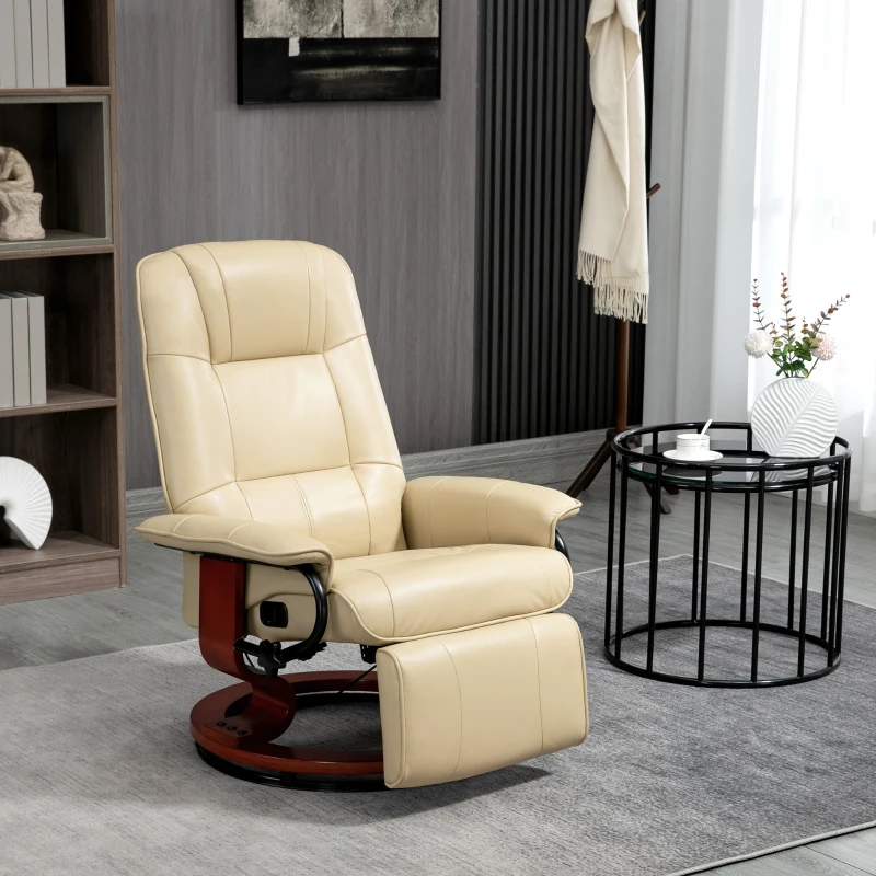 HOMCOM Faux Leather Manual Recliner, Adjustable Swivel Lounge Chair with Footrest, Armrest and Wrapped Wood Base for Living Room, Cream White(m-10)