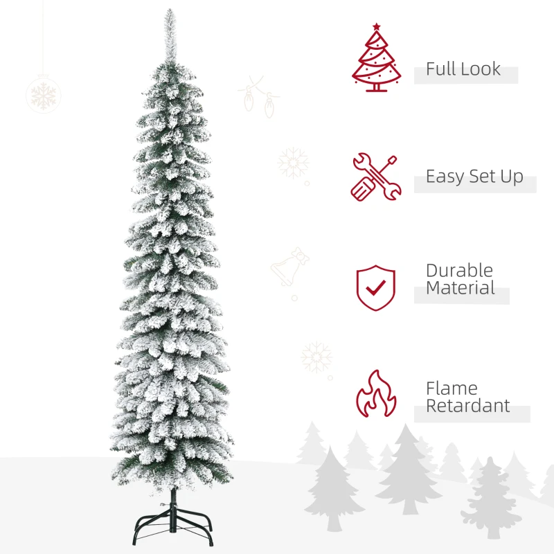 HOMCOM 6 Ft Snow-Flocked Artificial Christmas Tree, Slim Pencil Xmas Tree with Realistic Branches, Metal Base, Green