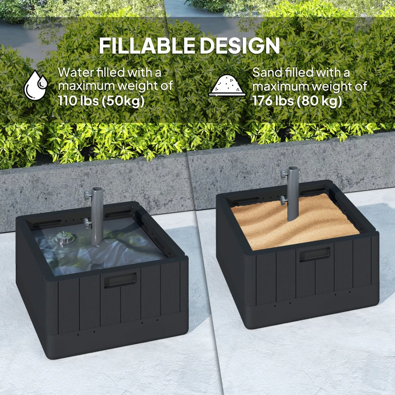 Outsunny 3-in-1 Patio Umbrella Base, Coffee End Table, Flower Box Planter with Wheels Handles, Square Plastic 176lb Stand/110lb Water Fillable Outdoor Garden Umbrella Stand, Black