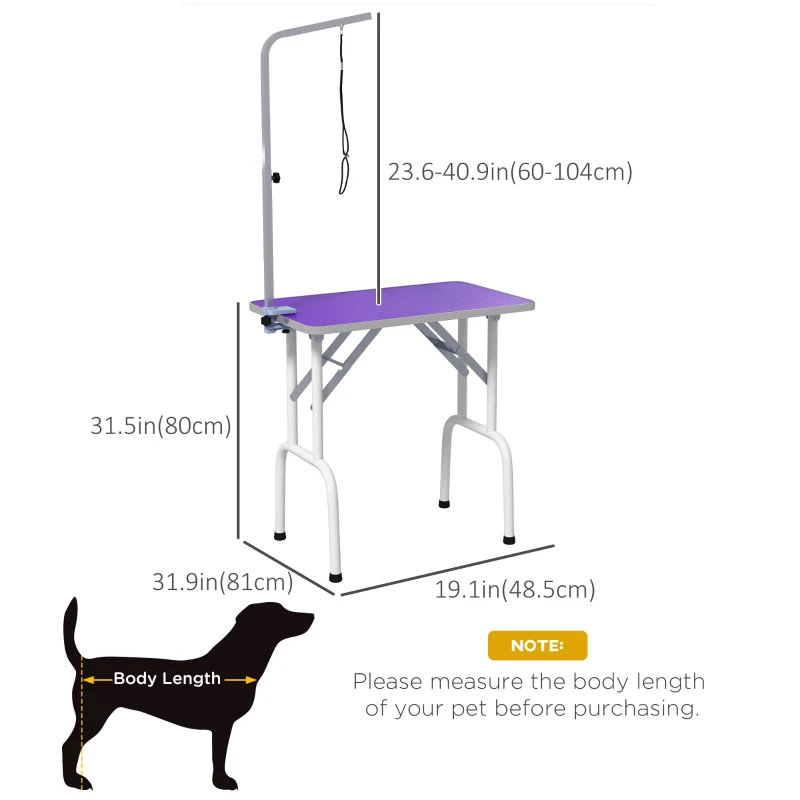 PawHut Foldable Pet Grooming Table for Dogs Cats with Adjustable Arm, Non-slip Surface, Purple