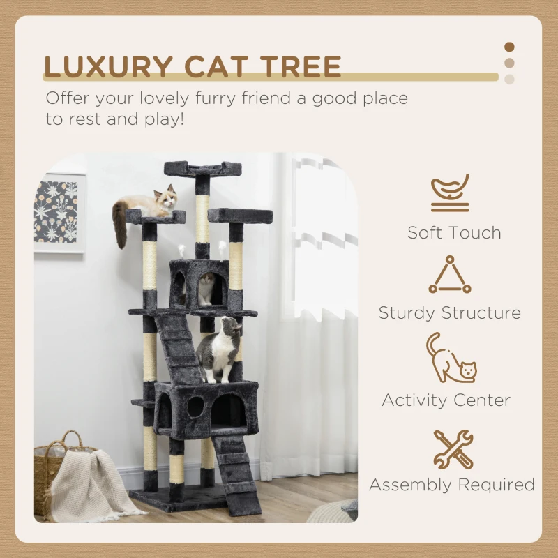 PawHut 68-inch Multi-Level Cat Scratching Tree Kitty Activity Center Post Tower Condo Pet Furniture w/ Toy Charcoal Grey