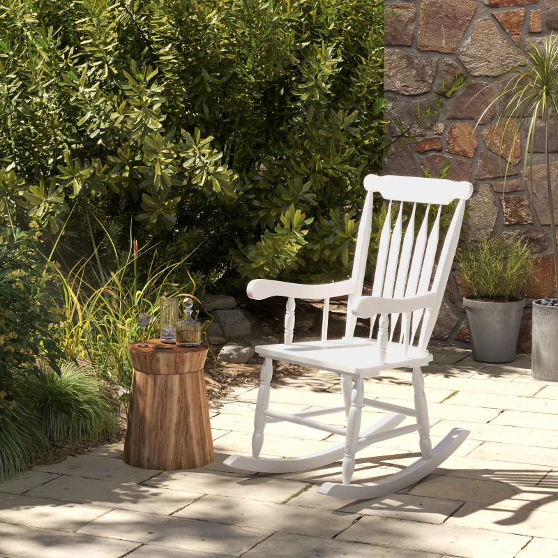 Outsunny Porch Rocker Chair, 350 lbs. Wooden Outdoor Rocking Chair with High Back for Garden, Patio, Balcony, White