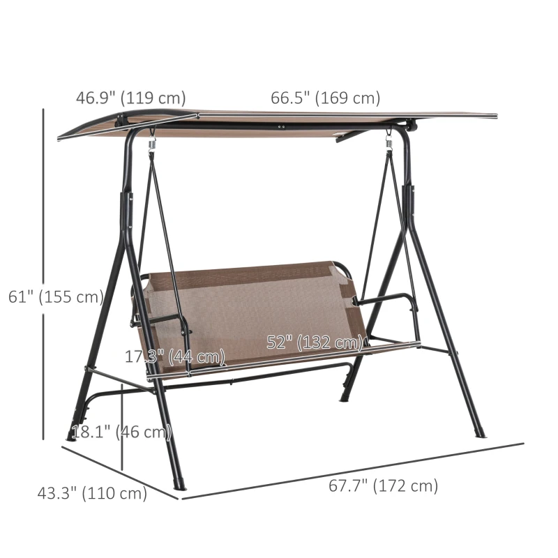 Outsunny 2-Person Porch Swing Chair, 2 Seater Patio Swing Bench w/ Adjustable Canopy, Breathable Seat for Garden, Poolside, Brown