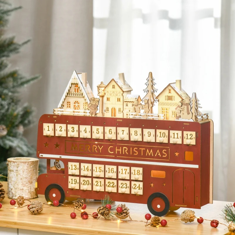 HOMCOM Christmas Advent Calendar, Light Up Table Xmas Wooden Bus Holiday Decoration with Countdown Drawer, Santa Claus Street House, for Kids and Adults