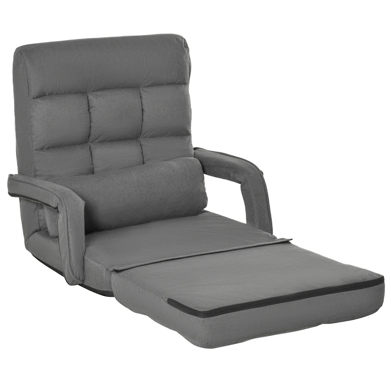 HOMCOM Convertible Floor Sofa Bed, Recliner Armchair Upholstered Sleeper Chair with Pillow for Living Room Bedroom Lounge, Gray