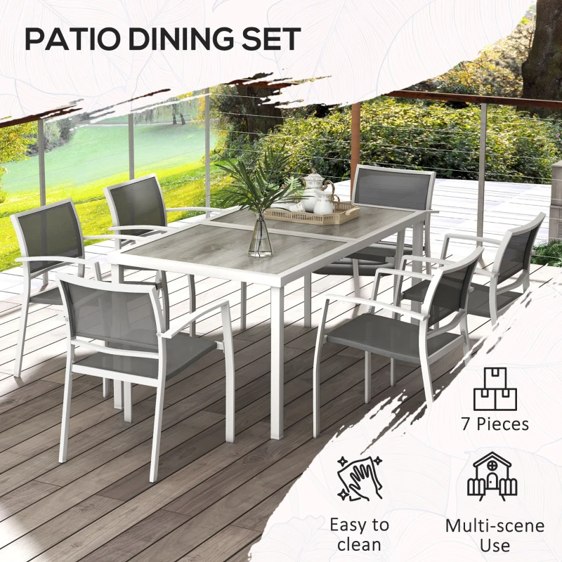 Outsunny 7 Pieces Outdoor Dining Set with 6 Stackable Chairs, Patio Table and Chairs with Plastic Top, Breathable Mesh Seat Back