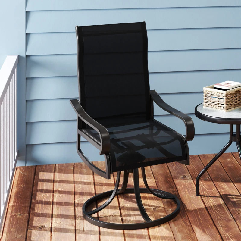 Outsunny 2-Piece Swivel Patio Dining Chairs, 360° Swivel Rocking Outdoor Chairs with Curved Armrests, Breathable Mesh Seat & S Shape Backrest for Yard, Lawn, Porch, Black