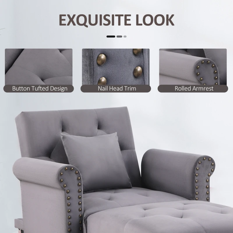HOMCOM 2-In-1 Chaise Lounge Indoor with Rolled Armrest, Nailhead Trim and Button Tufting, Adjustable Velvet Fabric Upholstered Sofa for Bedroom and Living Room, Grey