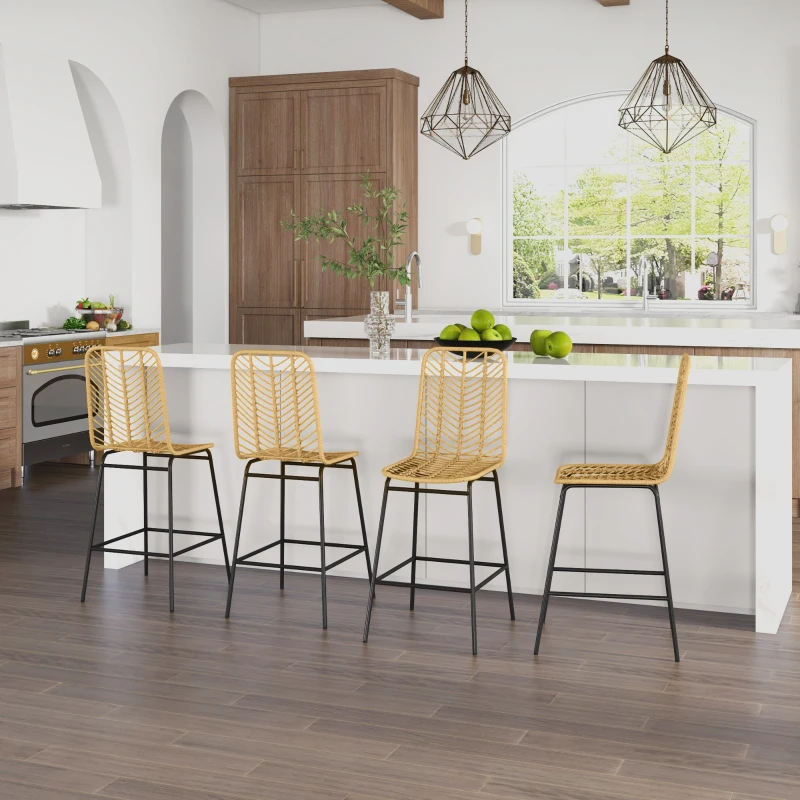 HOMCOM Set of 4 Rattan Barstools Wicker Counter Stools with Steel Legs and Footrest for Dining Room Kitchen Pub Yellow