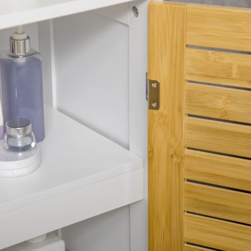 kleankin Bathroom Floor Cabinet, Side Storage Organizer Cabinet with Bamboo Doors, Adjustable Shelves for Bathroom, White and Natural