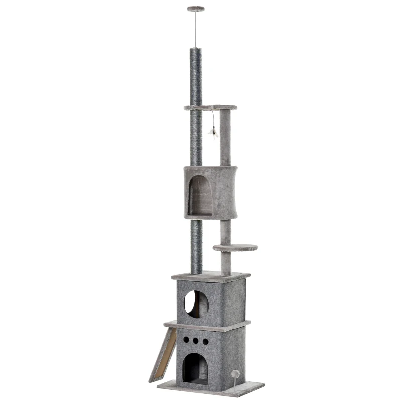 PawHut 89"-100" Floor to Ceiling Cat Tree 6-Tier Cat Climbing Tower Adjustable High with Scratching Post Board, Ramp, Cat Condo, Perch, Toy Ball, for Indoor Cat, Light Grey