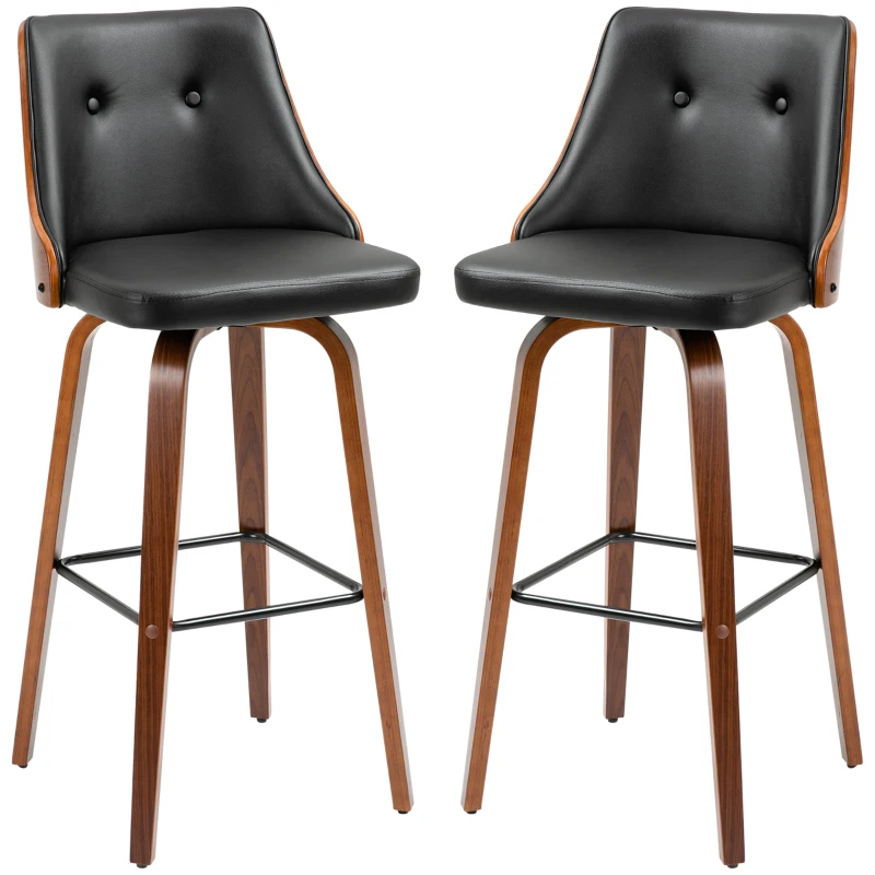 HOMCOM Bar Height Bar Stools, PU Leather Swivel Barstools with Footrest and Tufted Back, Set of 2, Black