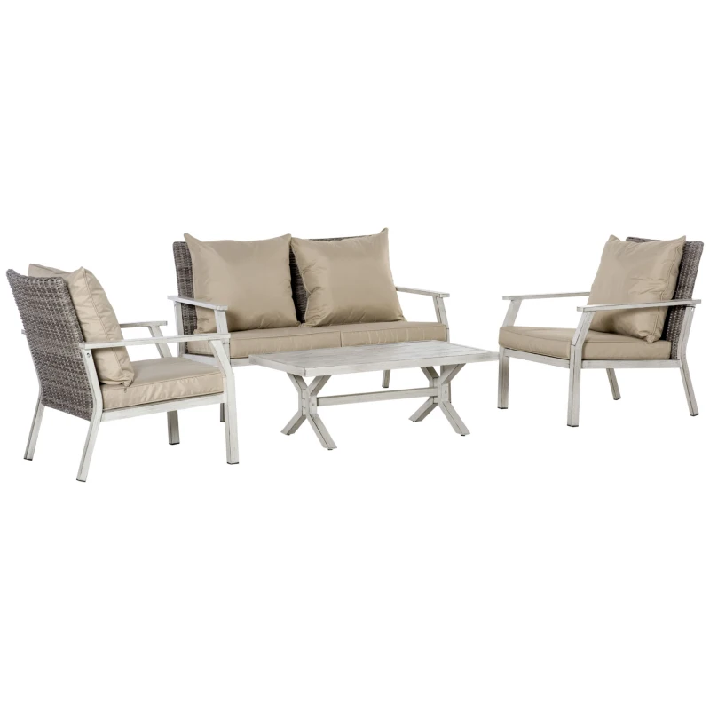 Outsunny 4 Pieces Patio Furniture Set with Cushions, Outdoor Wicker Conversation Sofa Sets, Aluminum Frame Sofa Sets for Backyard, Poolside, Garden, Beige