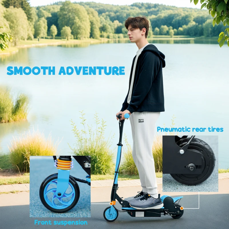 Soozier Foldable Electric Scooter for Kids Ages 6-14, with Seat and 2 Adjustable Heights, Max 6km Range & 12km/h, Blue
