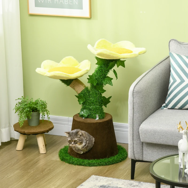 PawHut 18" Plush Cat Tree with Two Flower Platforms, Multi-Activity Centre Cat Tower with Jute Scratching Posts, Elevated Perches, Round Roomy Condo with Door, Green