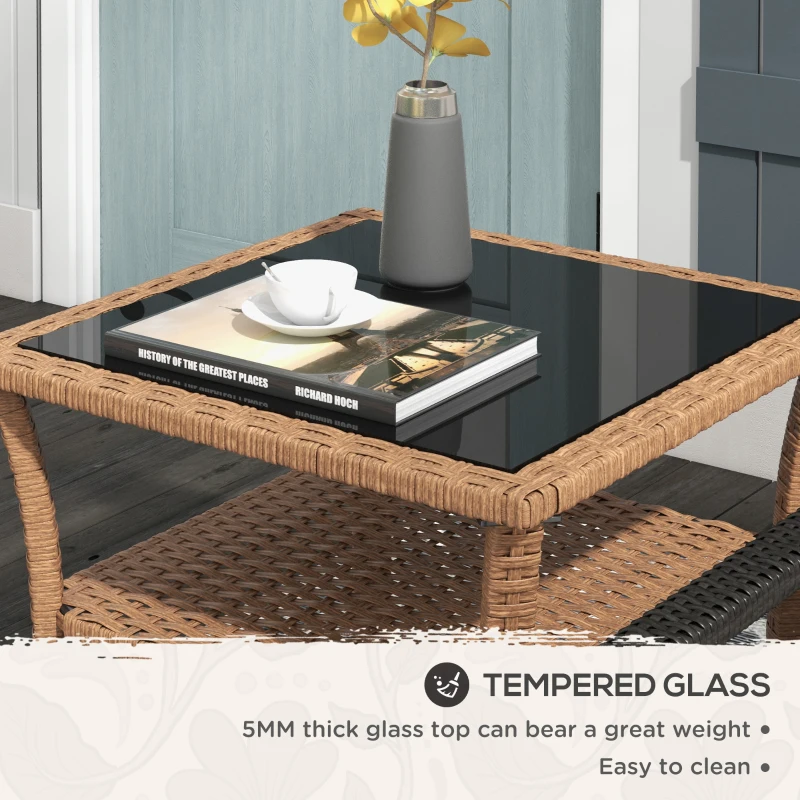 Outsunny Rattan Side Table, Outdoor End Table with Storage Shelf, Aluminum Frame Square, Coffee Table with Tempered Glass Top, Sand