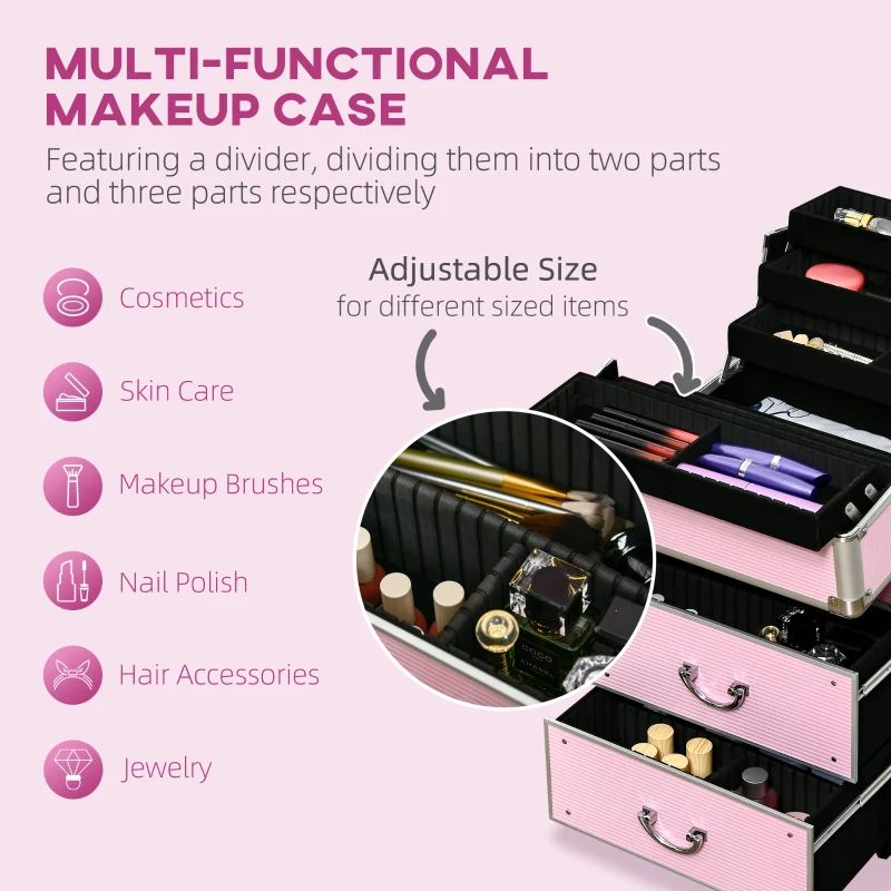 HOMCOM Rolling Makeup Storage Case w/ Swivel Wheel, Pink