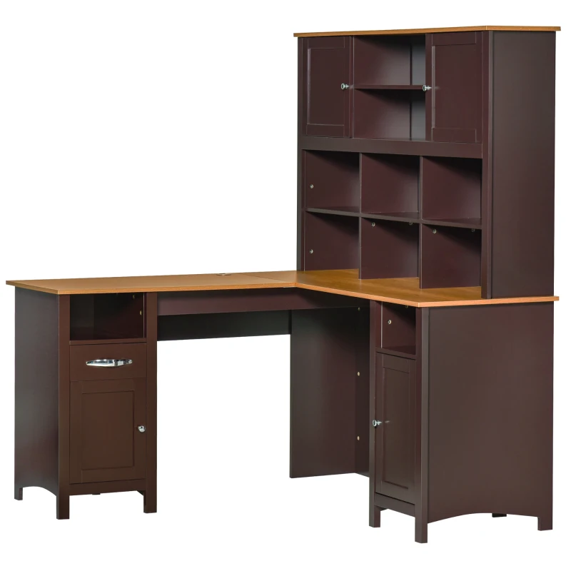 HOMCOM L Shaped Computer Desk with Hutch, 59" Corner Desk, Space Saving Home Office Desk with Storage Shelves, Drawer and Cabinet, Coffee Brown