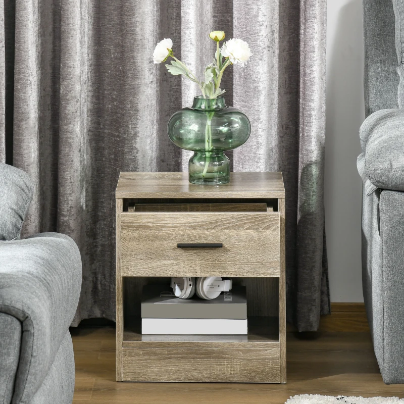 HOMCOM Modern Side Table with Drawer and Storage Shelf, End Table for Living Room, Gray Wood Grain