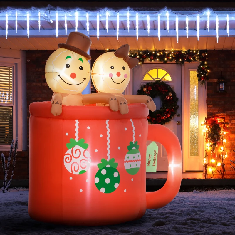 Outsunny 6FT Inflatable Gingerbread Couple in Hot Cocoa Mug, Christmas Blow Up Decoration with LED Lights for Indoor, Outdoor