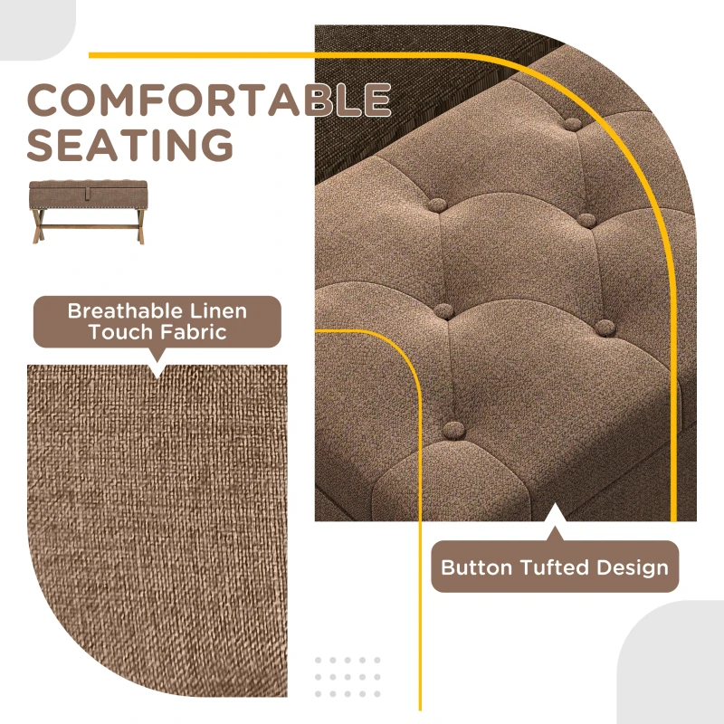 HOMCOM Upholstered Bedroom Bench, End of Bed Bench, Ottoman with Wood Legs, 35.75"W x 16.25"D x 19.75"H, Brown